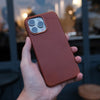 Bare Skin Case for iPhone 15 Pro Max - Full-Grain Leather Case with MagSafe for iPhone 15 Pro Max - Cinnamon - in Hand